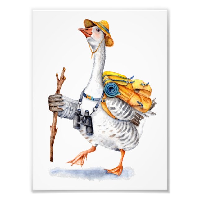 Hiking Goose with Backpack and Binoculars Photo Print (Front)