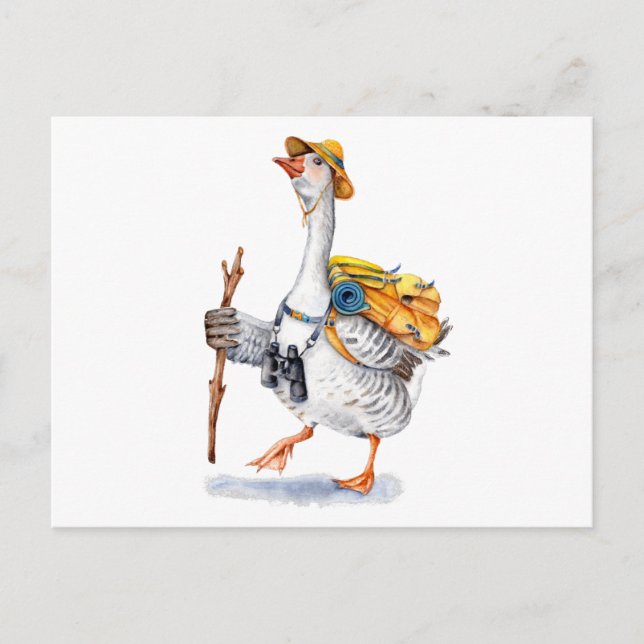 Hiking Goose with Backpack and Binoculars Postcard (Front)