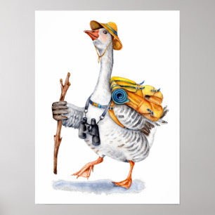 Hiking Goose with Backpack and Binoculars Poster