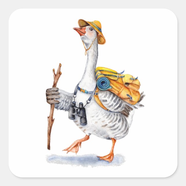 Hiking Goose with Backpack and Binoculars Square Sticker (Front)