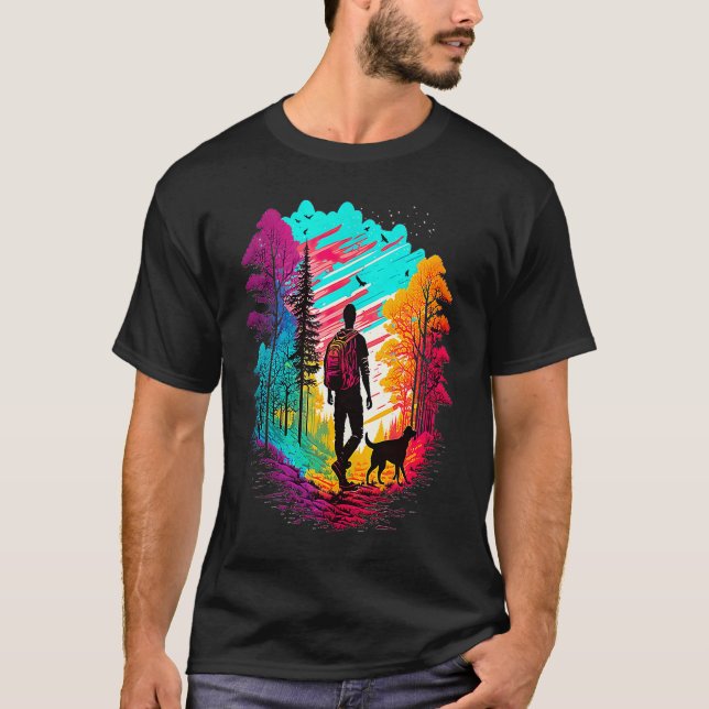 Hiking with dog pilgrims camping mountains walking T-Shirt (Front)