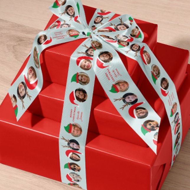 Hilarious 10 People in Christmas Hats with Text Satin Ribbon (Your friends, family and pets in funny festive Christmas hats with custom text for gifting)