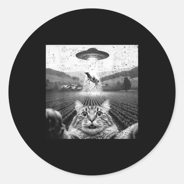 Hilarious Cat Selfie Ufo Cow Abduction Alien Meme  Classic Round Sticker (Front)