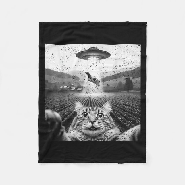 Hilarious Cat Selfie Ufo Cow Abduction Alien Meme  Fleece Blanket (Front)