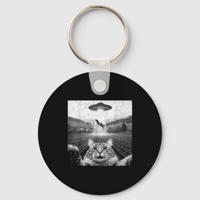 Hilarious Cat Selfie Ufo Cow Abduction Alien Meme  Key Ring (Front)