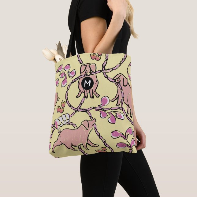 Hilarious Chinese Pig Year Monogram Yellow Tote B (Close Up)