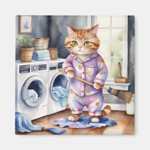 Hilarious Cute Cat in Pyjamas Doing Laundry  Magnet