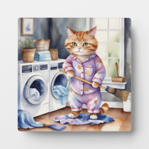 Hilarious Cute Cat in Pyjamas Doing Laundry  Plaque