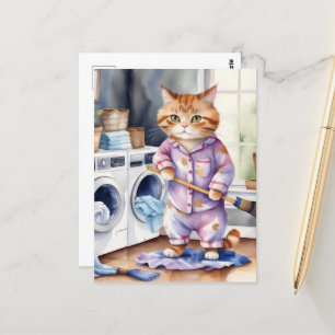 Hilarious Cute Cat in Pyjamas Doing Laundry Postcard