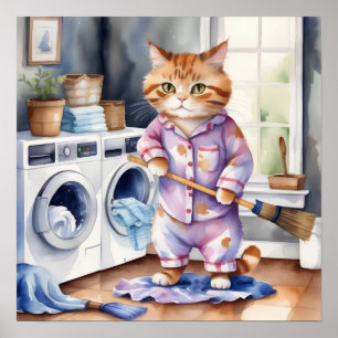 Hilarious Cute Cat in Pyjamas Doing Laundry  Poster