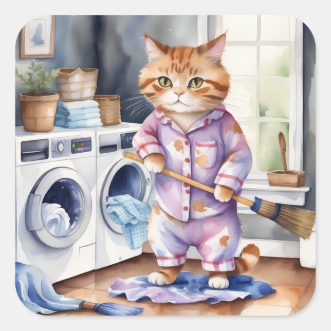 Hilarious Cute Cat in Pyjamas Doing Laundry  Square Sticker (Front)