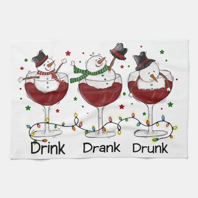 Hilarious “Drink, Drank, Drunk” Snowman and Wine  Tea Towel (Horizontal)