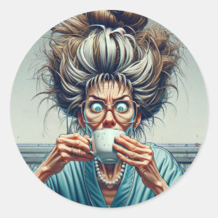 Hilarious Lady with Messy Bun and Coffee Classic Round Sticker