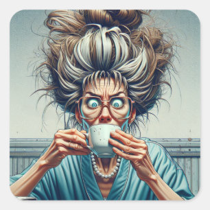 Hilarious Lady with Messy Bun and Coffee Square Sticker