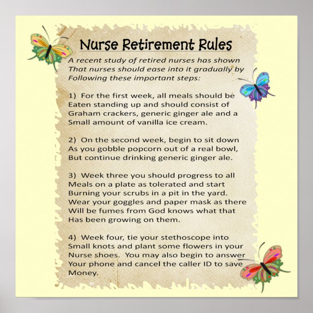 Hilarious "Nurse Retirement Rules" Poster 12x12" (Front)