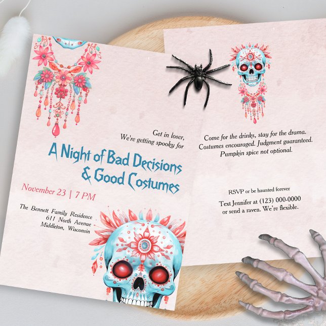 Hilarious Pink Blue Sugar Skull Funny Halloween Invitation (Creator Uploaded)