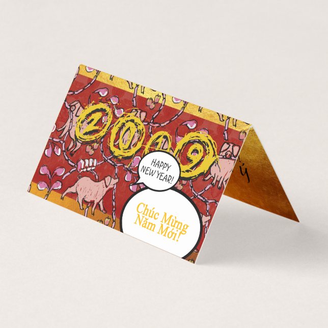 Hilarious Vietnamese Pig Year Greeting Folded C Business Card (Front)