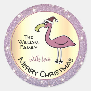 Hilarious X-Mas Flamingo Light Purple Glitter Gold Classic Round Sticker