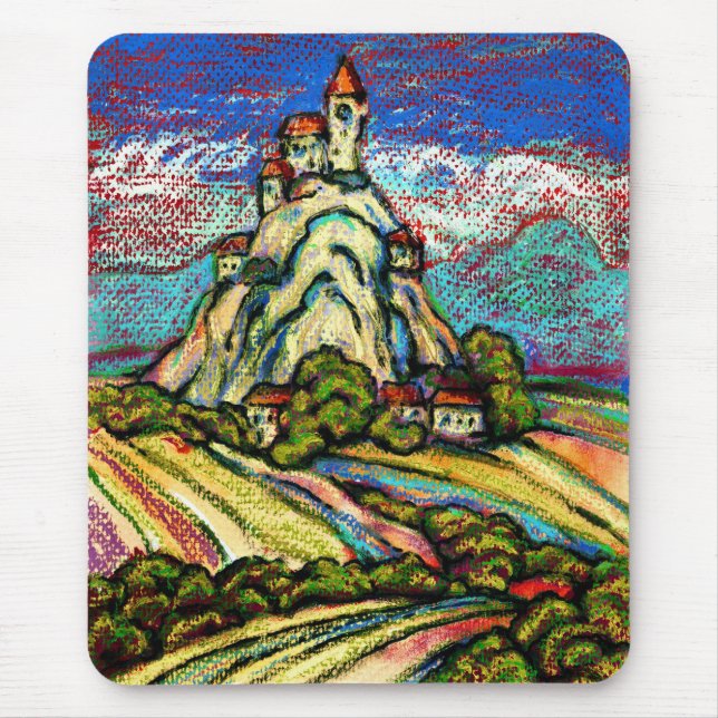 Hill Castle Fantasy Pastel Painting Mouse Mat (Front)