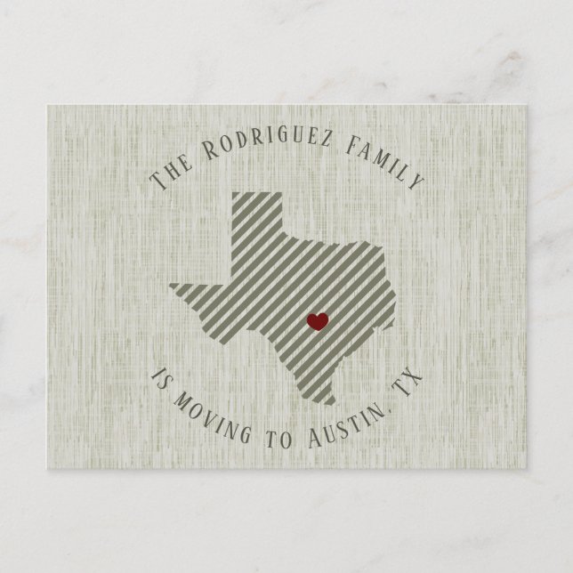 Hill Country Green Linen and Heart Texas Moving Announcement Postcard (Front)