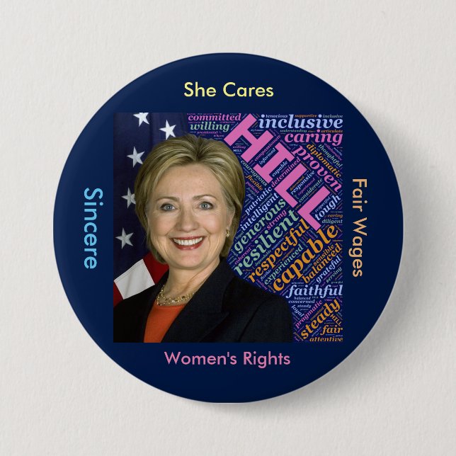 Hillary Clinton Pres, Flag and Caring Words Button (Front)