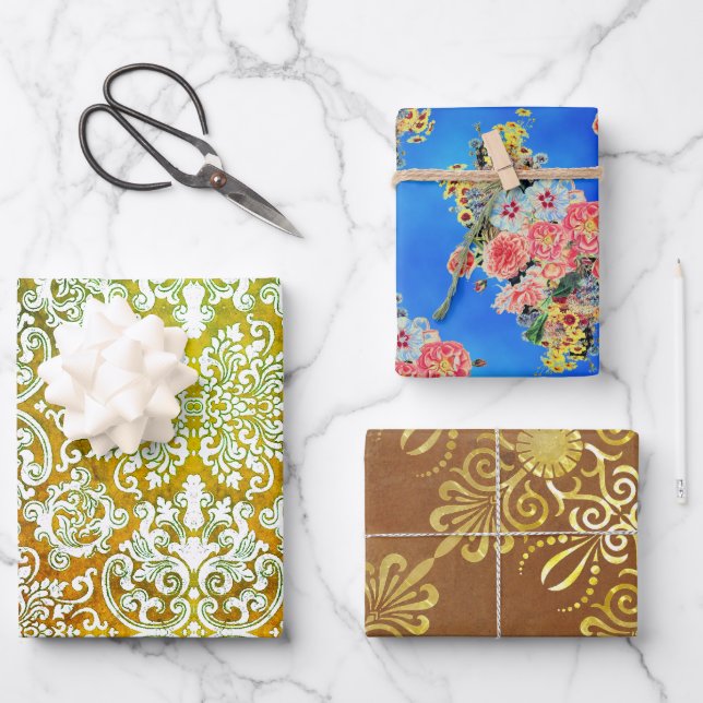 Hillrose Gold, Woodbury & Floral Sampler Wrapping Paper Sheet (Front)