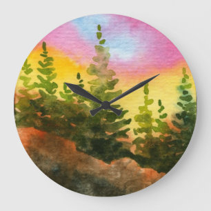 Hills, pines, sky, fog landscape in sunrise large clock