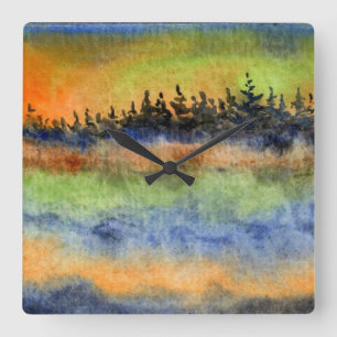Hills, pines, sky, fog landscape in sunrise square wall clock