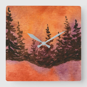 Hills, pines, sky, fog landscape in sunset colours square wall clock