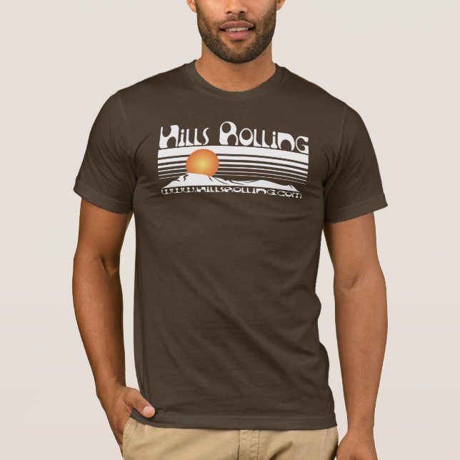 Hills Rolling - Brown T-Shirt with Sunset Design (Front)