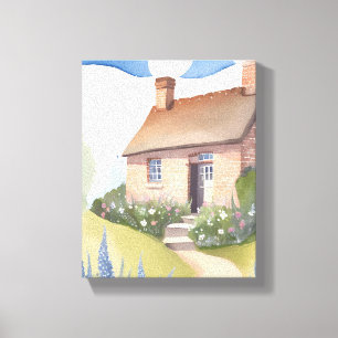 Hillside Cottage   Watercolor Brick Home Painting Canvas Print
