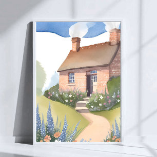 Hillside Cottage   Watercolor Brick Home Painting Poster