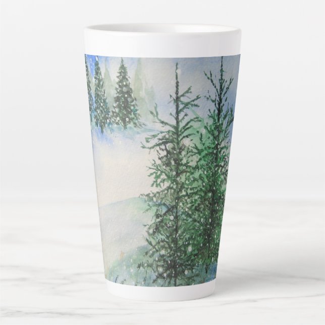 Hillside Evergreens and Snow Latte Mug (Front)