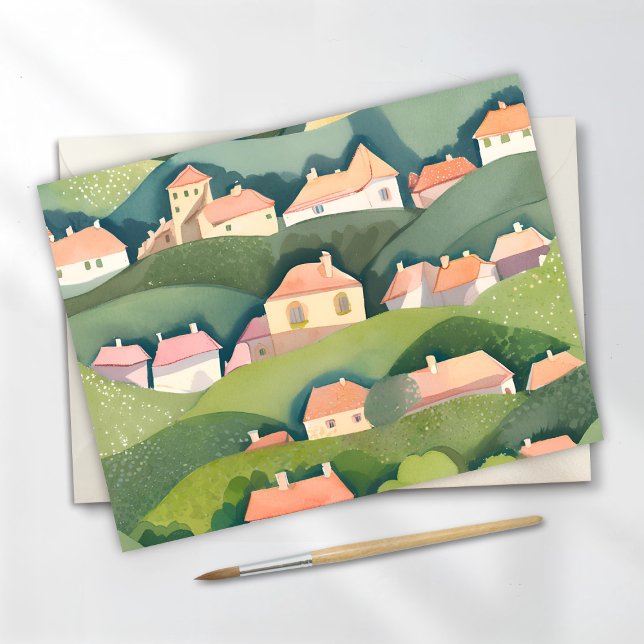 Hillside Homes | Nature Watercolor Airy Painting Postcard (Creator Uploaded)
