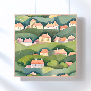 Hillside Homes   Nature Watercolor Airy Painting Poster