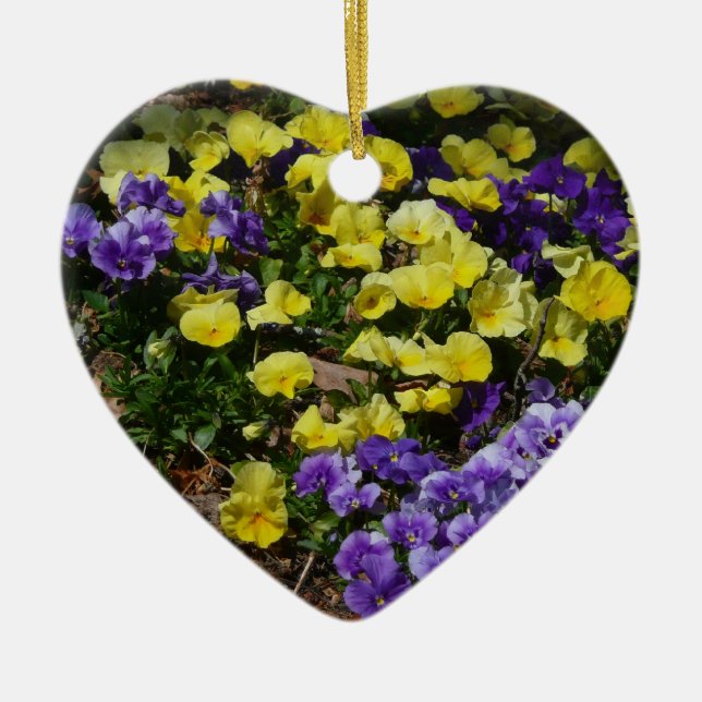 Hillside of Purple and Yellow Pansies Ceramic Tree Decoration (Front)