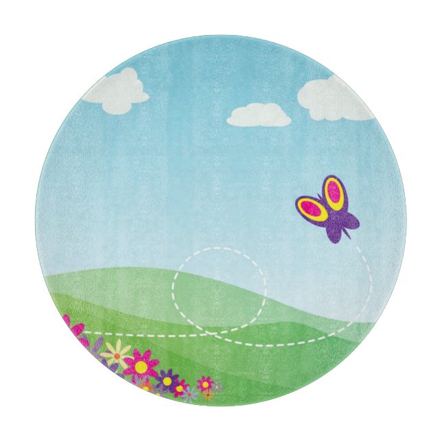 HILLSIDE WITH BUTTERFLY AND FLOWERS CUTTING BOARD (Front)