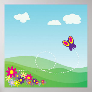 HILLSIDE WITH BUTTERFLY AND FLOWERS POSTER