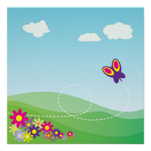 HILLSIDE WITH BUTTERFLY AND FLOWERS POSTER
