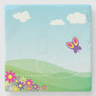 HILLSIDE WITH BUTTERFLY AND FLOWERS STONE COASTER