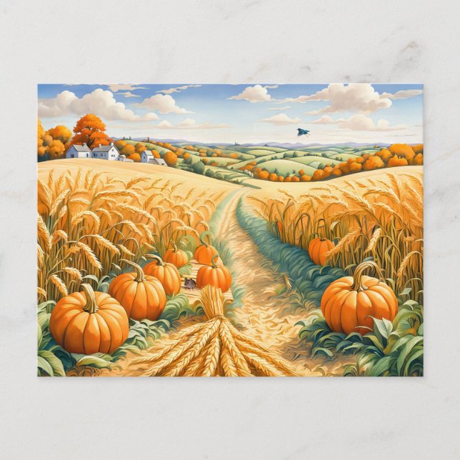 Hilly Landscape with Wheat Field and Pumpkins Postcard (Front)