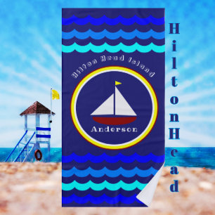 Hilton Head Island Cute Sailboat Anchor and Name Beach Towel