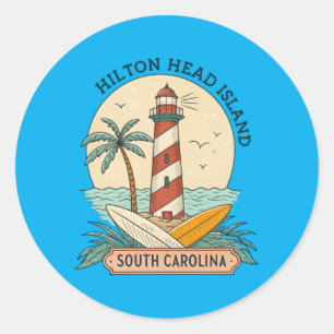 Hilton Head Island Lighthouse Palm Trees Surf Classic Round Sticker