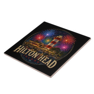 Hilton Head Island Lighthouse Patriotic Fireworks Tile