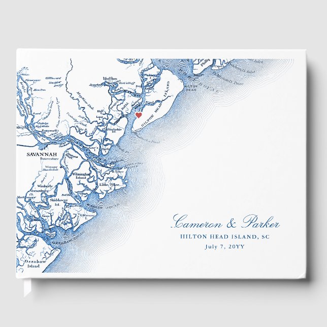 Hilton Head Island Map Elegant Navy Blue Wedding Guest Book (Front)