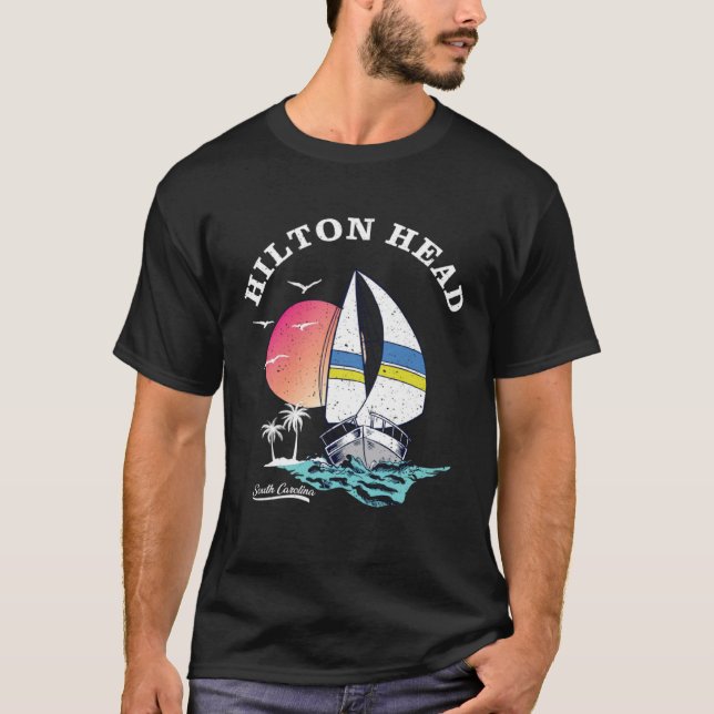Hilton Head Island Sailboat Ocean Palm Trees Sunse T-Shirt (Front)
