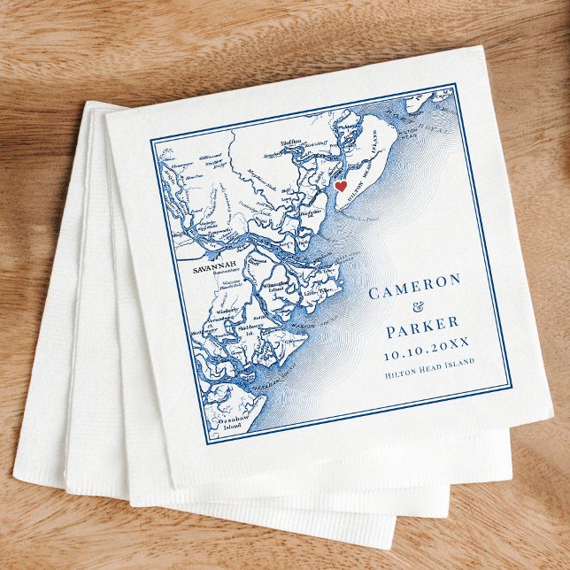 Hilton Head Island SC Map Elegant Navy Wedding Napkin (HIlton Head Island SC Wedding Napkins customized with couples names and date in elegant navy blue)
