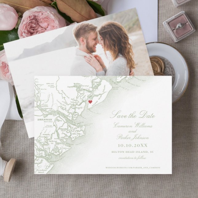 Hilton Head SC Map Elegant Sage Green Wedding Save The Date (Hilton Head Map Photo Save the Date in Elegant Sage Green by Coastal Map Designs)