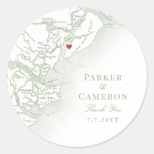 Hilton Head SC Map Elegant Sage Wedding Favour Classic Round Sticker