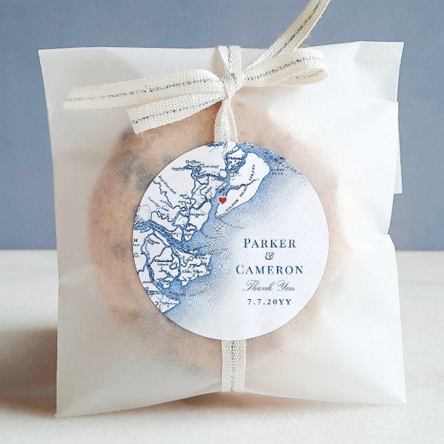 Hilton Head SC Map Navy Blue Elegant Wedding Favou Classic Round Sticker (Hilton Head Wedding Elegant navy blue Wedding Favor Thank You Sticker Label from Coastal Map Designs)